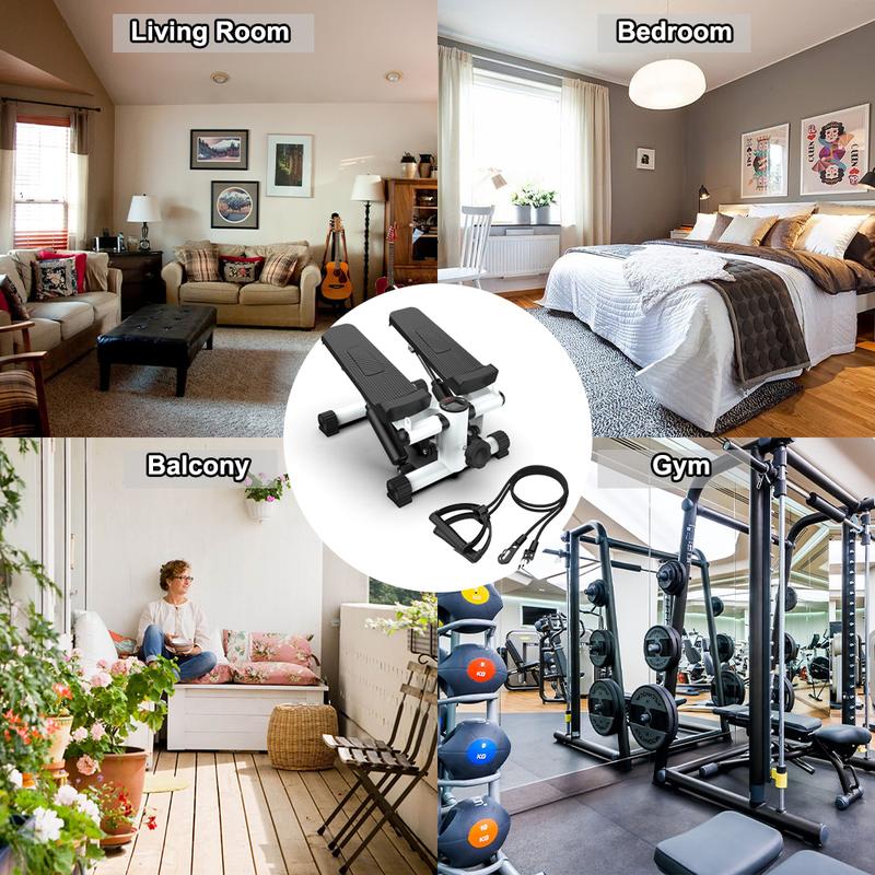 Mini Stepper for Fitness, Stair Stepper with Resistance Band, Mini Stepper with 300 lbs Weight Capacity, Hydraulic Fitness Stepper with LCD Display (Black+White)