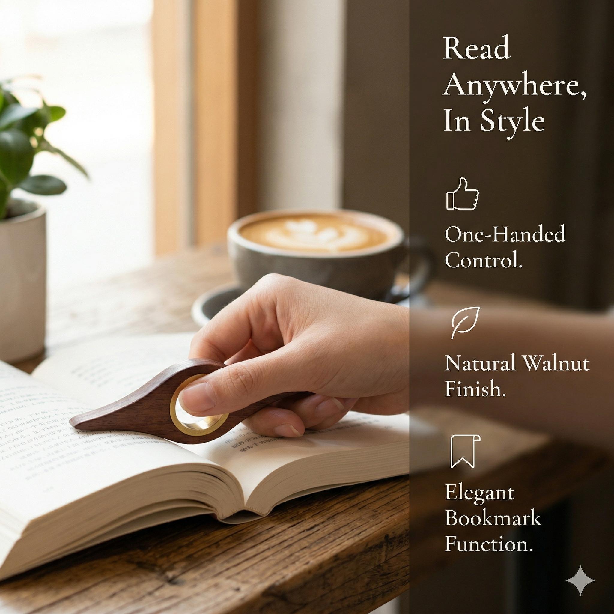 Solid Walnut Wood Book Page Holder with Brass Ring Ergonomic Thumb Reading Ring Aesthetic BookTok Accessories Gifts for Readers Handcrafted Wooden Thumb Page Holder for One-Handed Reading giftforher mini gift gift for him/her