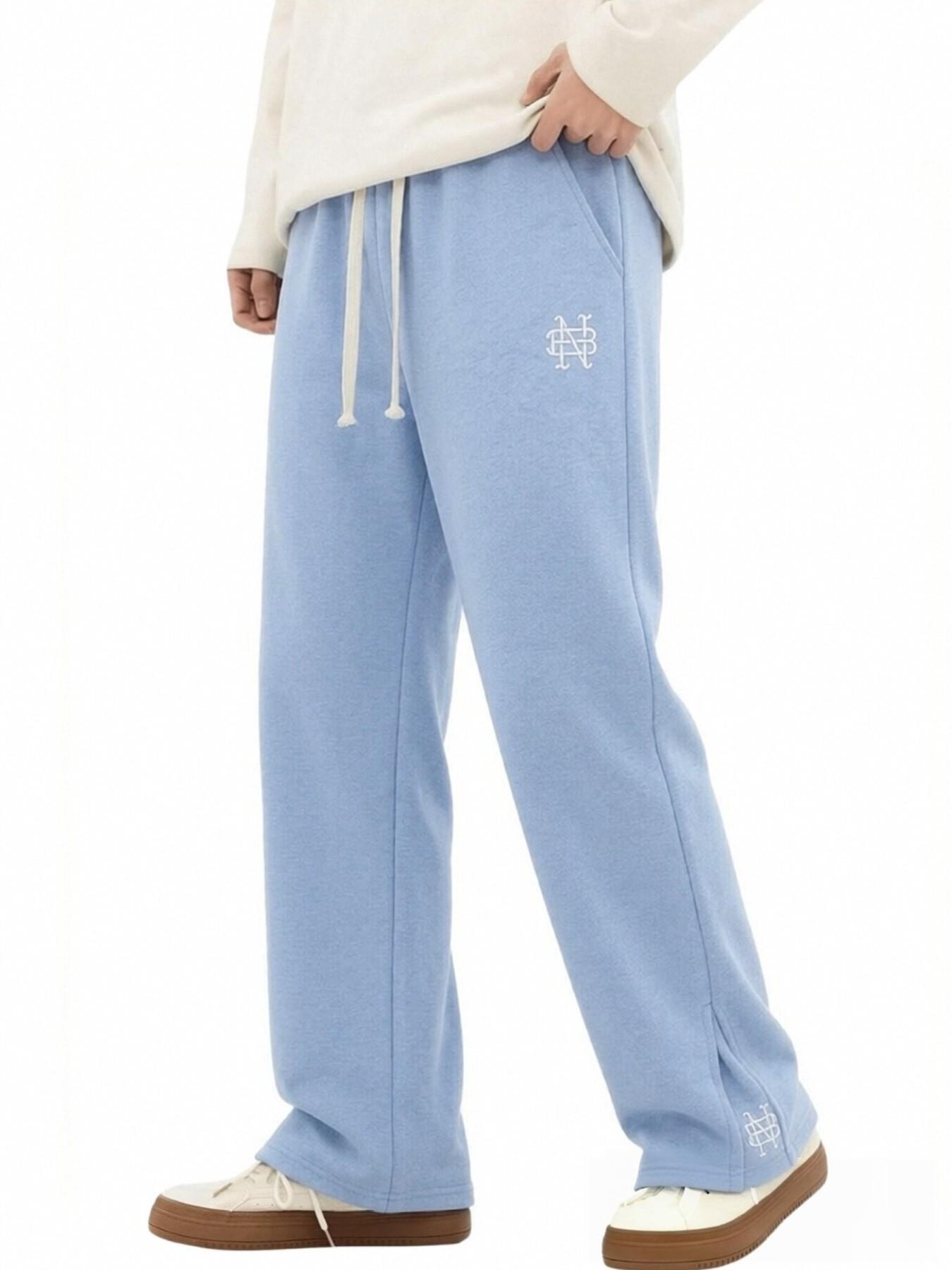 Men's Simple Embroidered Wide Leg Sweatpants, Loose Straight Drawstring Waist Sweatpants Sports Pants, Soft Casual Street Running Pants, Street Style Sweatpants, Fall Winter Wear