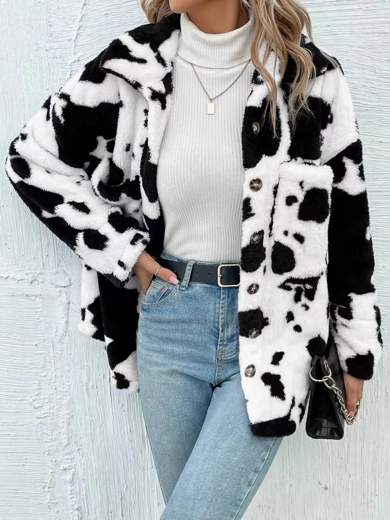 Women Cow Print Fuzzy Sherpa Jacket, Lapel Button Warm Winter Coat, Casual Outerwear, Fitted Plain Surface， Cow print