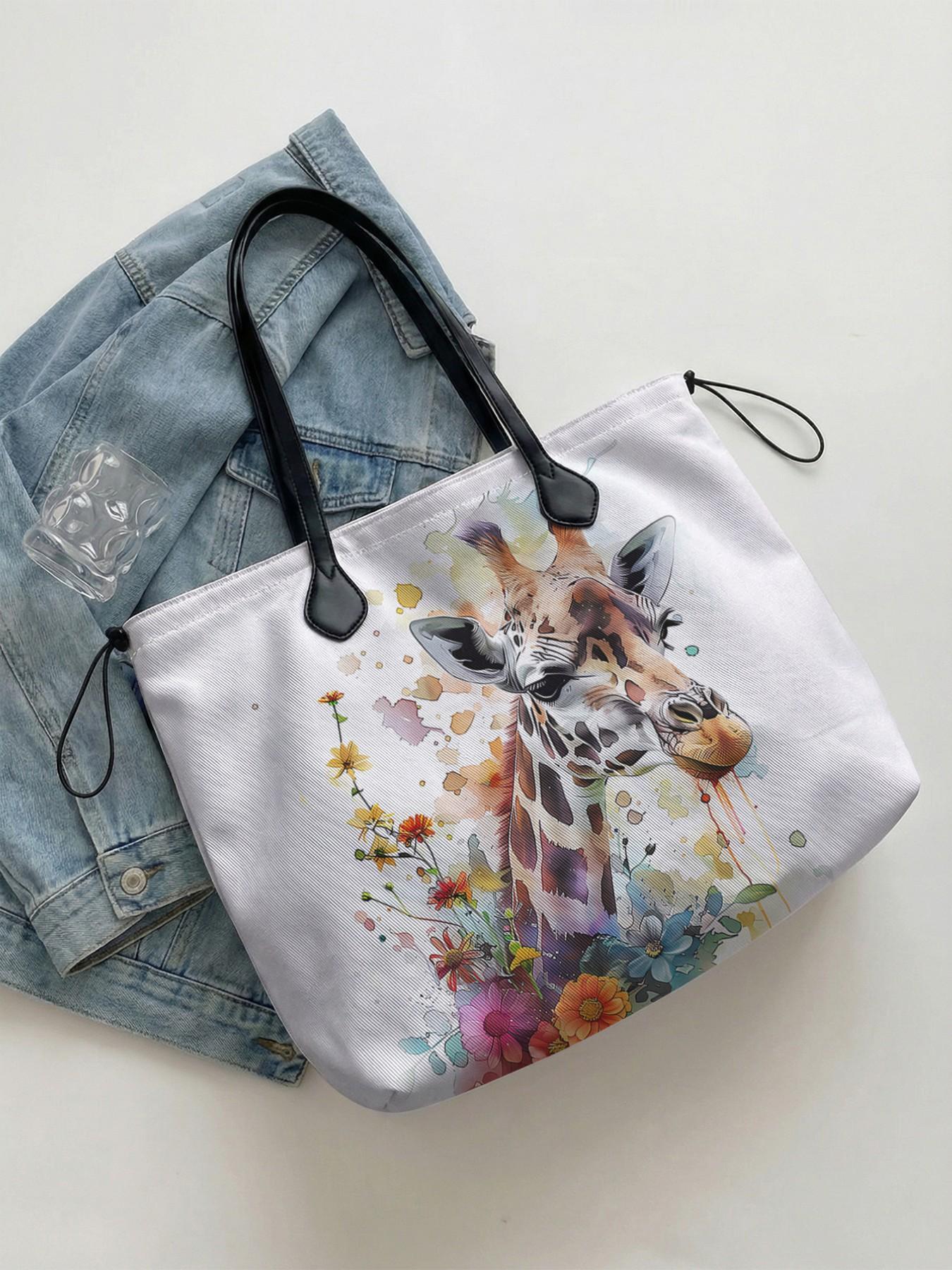 Giraffe Pattern Drawstring Stylish Tote Bag, Large Capacity Shopping Bag, Durable and Wear-Resistant, Random Print, All Seasons Use