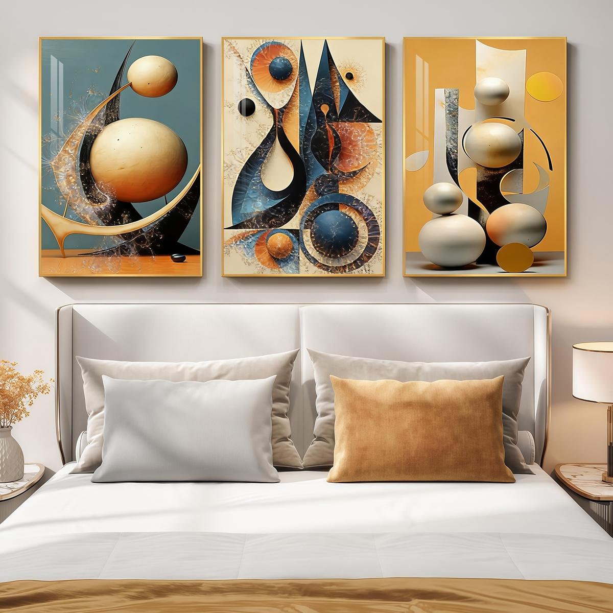 3 Counts Aluminum Alloy Framed Painting, Abstract Geometric Shapes And Spheres Art Pictures, Home Decoration For Living Room, Bedroom, Office, Restaurant, Hallway Wall Decor, Odorless Print Artwork, Luxury Perfect Gift For Friends And Family