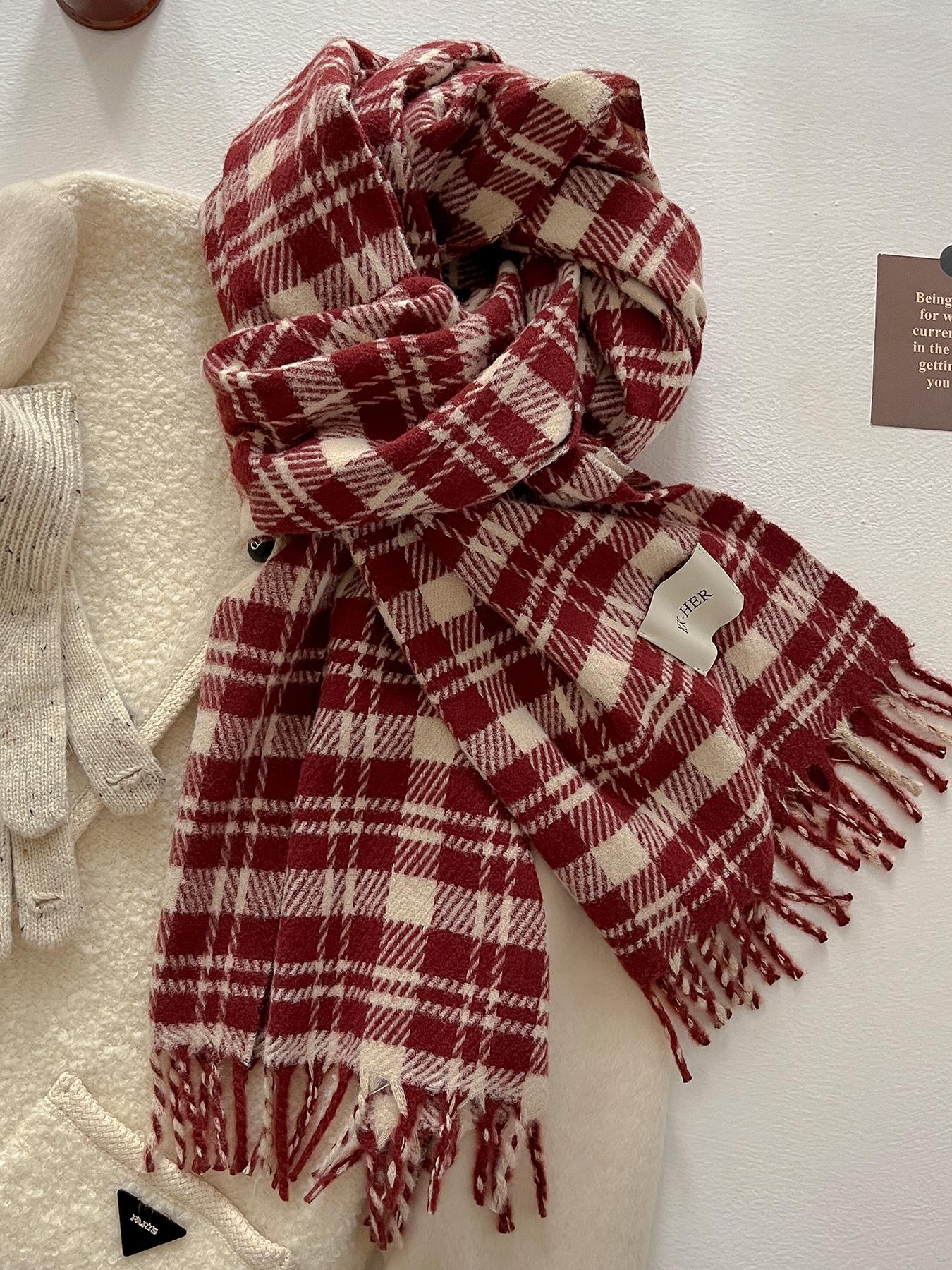 Women's Autumn Winter Casual Fashion Imitation Wool Checkered Scarf, Plaid Woven, Thickened Knit Wrap for Christmas Warmth