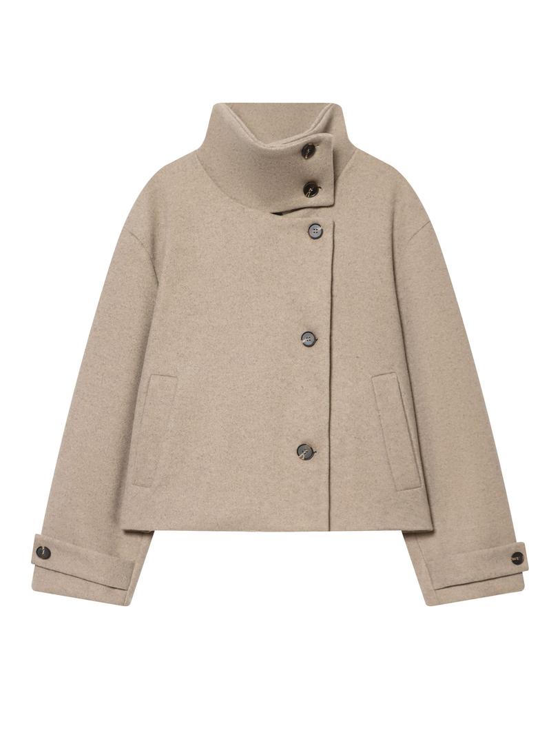 Women's Autumn Winter Stand Collar Wool Blend Jacket, Pure Color Fashion Outerwear, Asymmetrical Button Closure, Casual Lapel Sleeve Coat