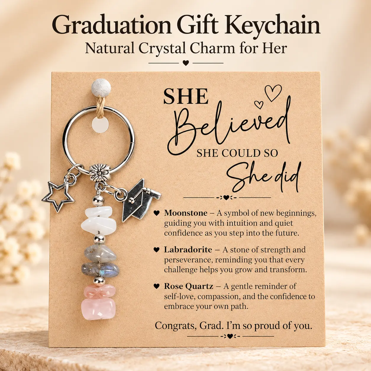 Graduation Gifts for Her, Crystal Keychain with Inspirational Message Card, Moonstone Labradorite Rose Quartz Stone Charm, Silver Graduation Cap and Star Pendant, Congratulations Gift for Women, Girls, Friends