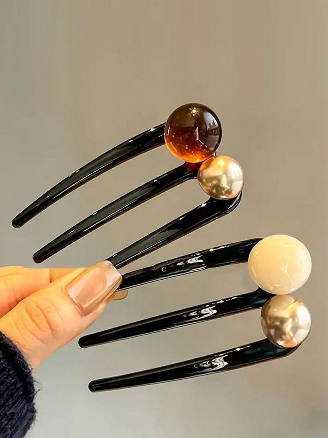 Elegant Three-Tooth Bead U-Shaped Hairpin，Bun Updo Hairpin， Vintage Hair Clips - Black & White with Green Synthetic Gemstonestone Accents, Versatile for Casual & Formal Occasions, All-Season girls Hair Accessories, Hair Accessories, Classic Hairpins,