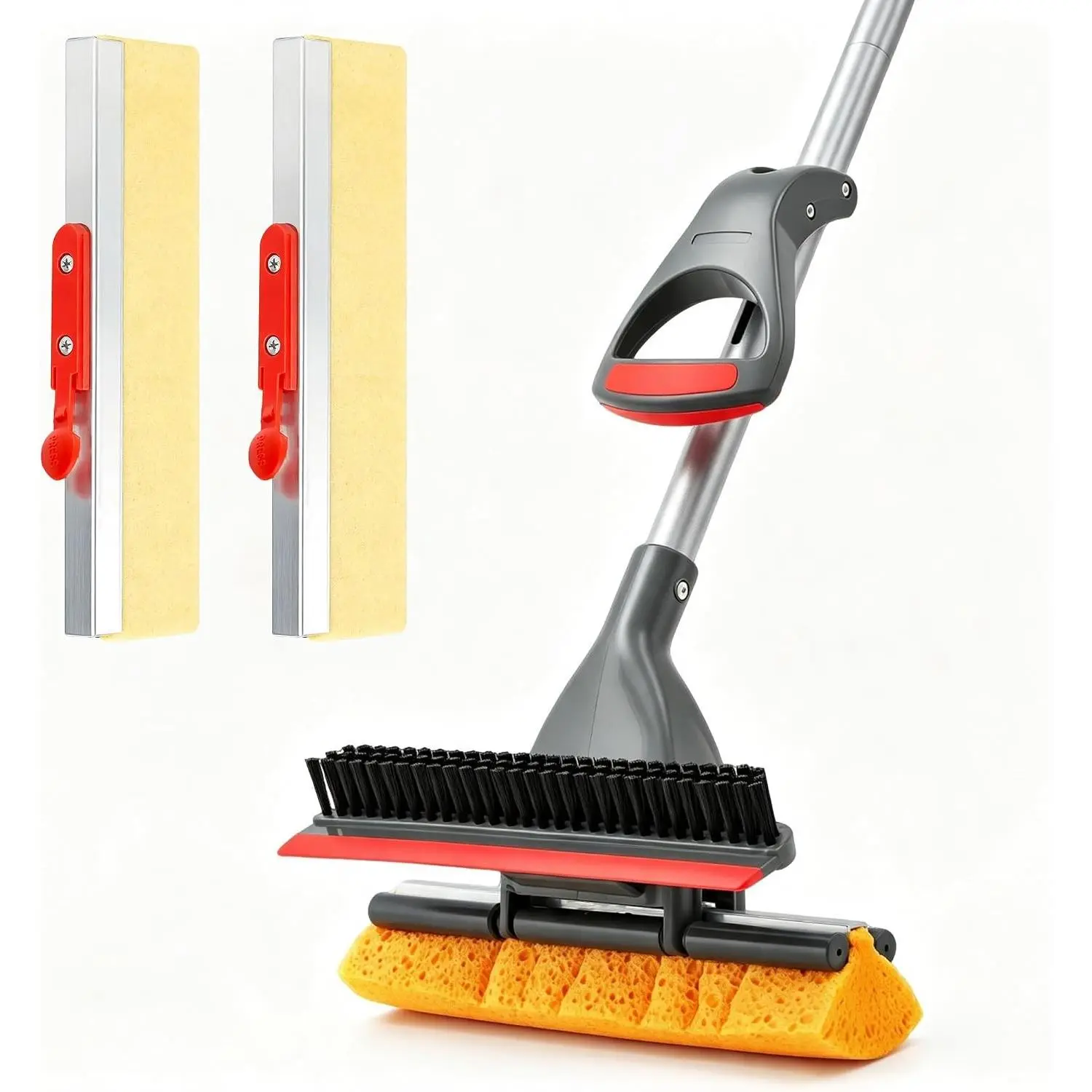 Pop-up Sponge Mop for Floor Cleaning, Home Commercial Cellulose Sponge Roller Mop with 2 Refill Heads, Includes Squeegee and Brush for Hardwood Tile Concrete Bathroom Kitchen Wall Ceiling