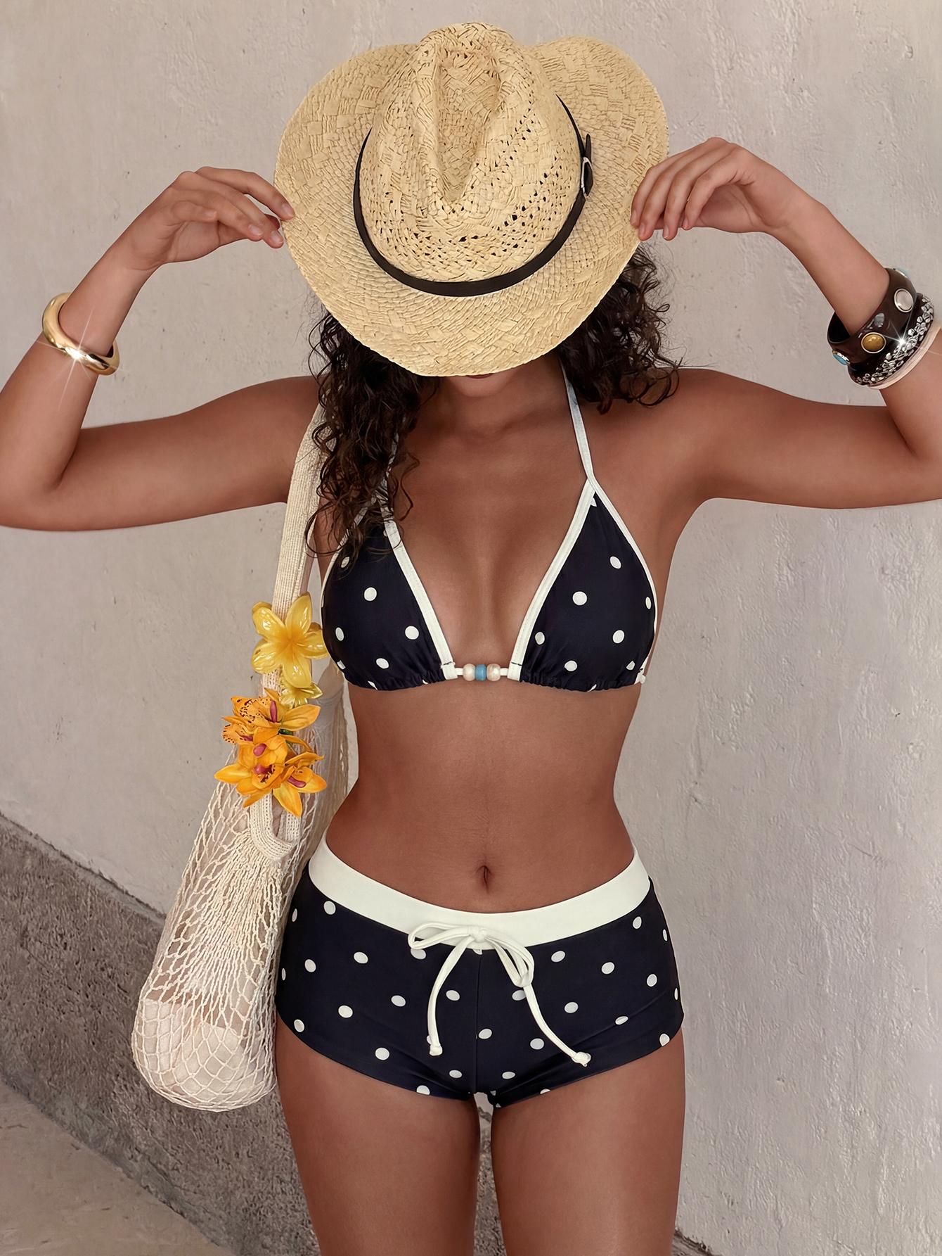 Women's Swimsuit Bikini Set Retro Yellow Polka Dot Print Vintage Color Block Summer Outfit for Beachwear & Vacation Y2k 2000s Streetwear
