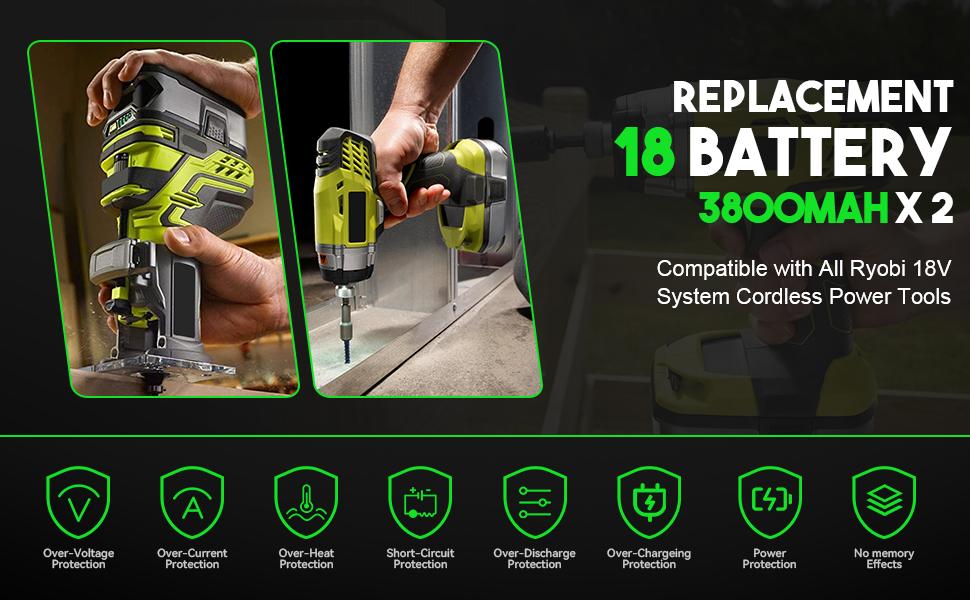 3800mAh 2Pack P107 Replacement for Ryobi 18vBattery Lithium-ion Battery for Ryobi 18V ONE+ Battery with Charger for Ryobi P117 P118 P108 P107 P104 P105 P103 for Ryobi 18v Cordless Tool Battery