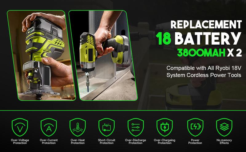 3800mAh 2Pack P102 Replacement for Ryobi 18vBattery Lithium-ion Battery for Ryobi 18V ONE+ Battery with Charger for Ryobi P117 P118 P108 P107 P104 P105 P103 for Ryobi 18v Cordless Tool Battery