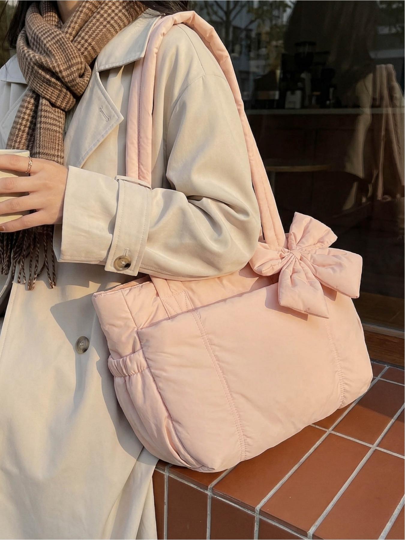 Pink Quilted Bow Tote Bag, Casual Lightweight Shoulder Bag, Casual Commuter Bag, Suitable for Commuting, Shopping, Leisure Outings, Everyday Accessories.