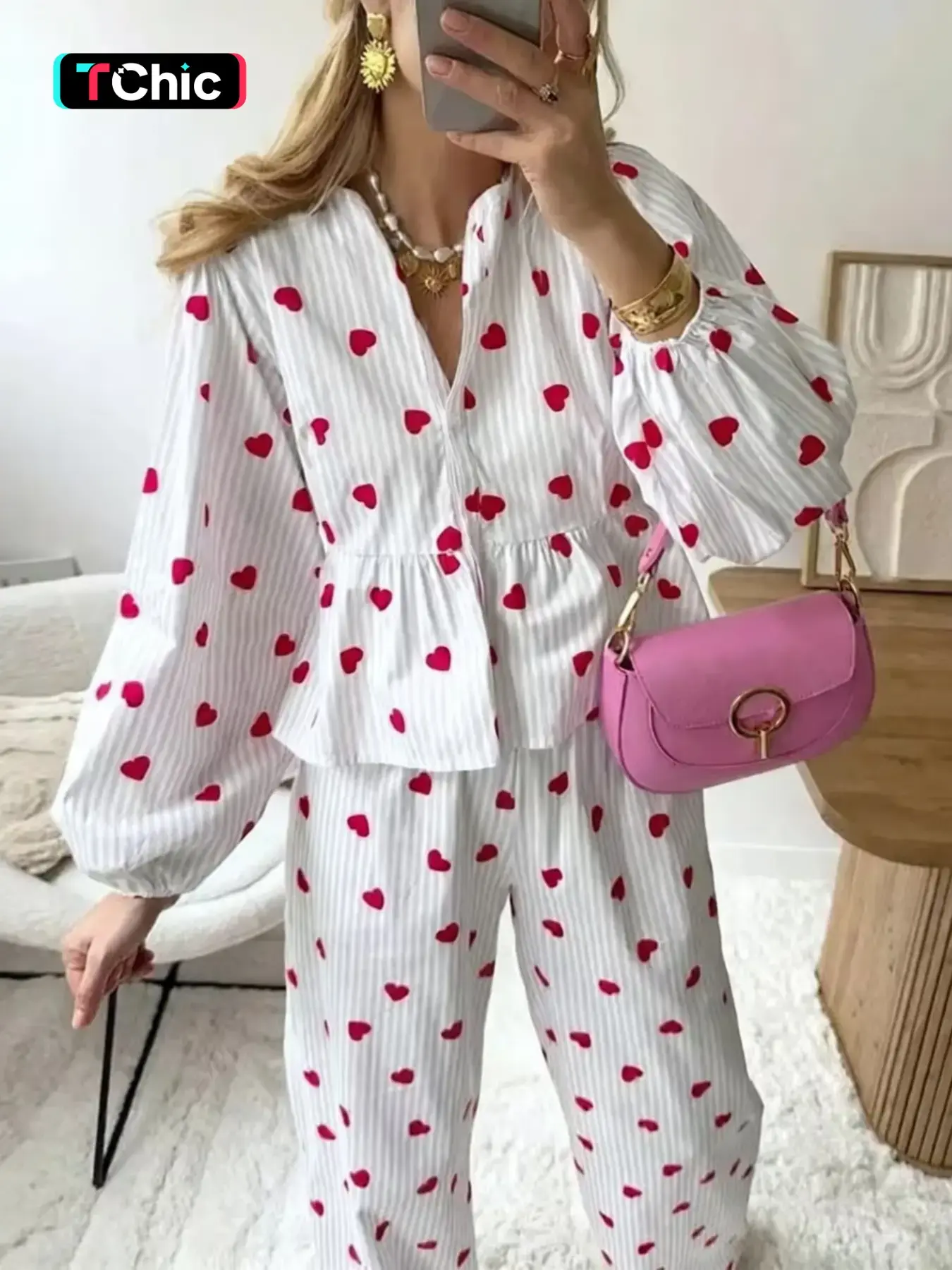 Women's Heart Long Sleeve Casual Set, 2 Piece Comfortable for All Seasons, Daily Wear Fashion, Perfect for Everyday Use