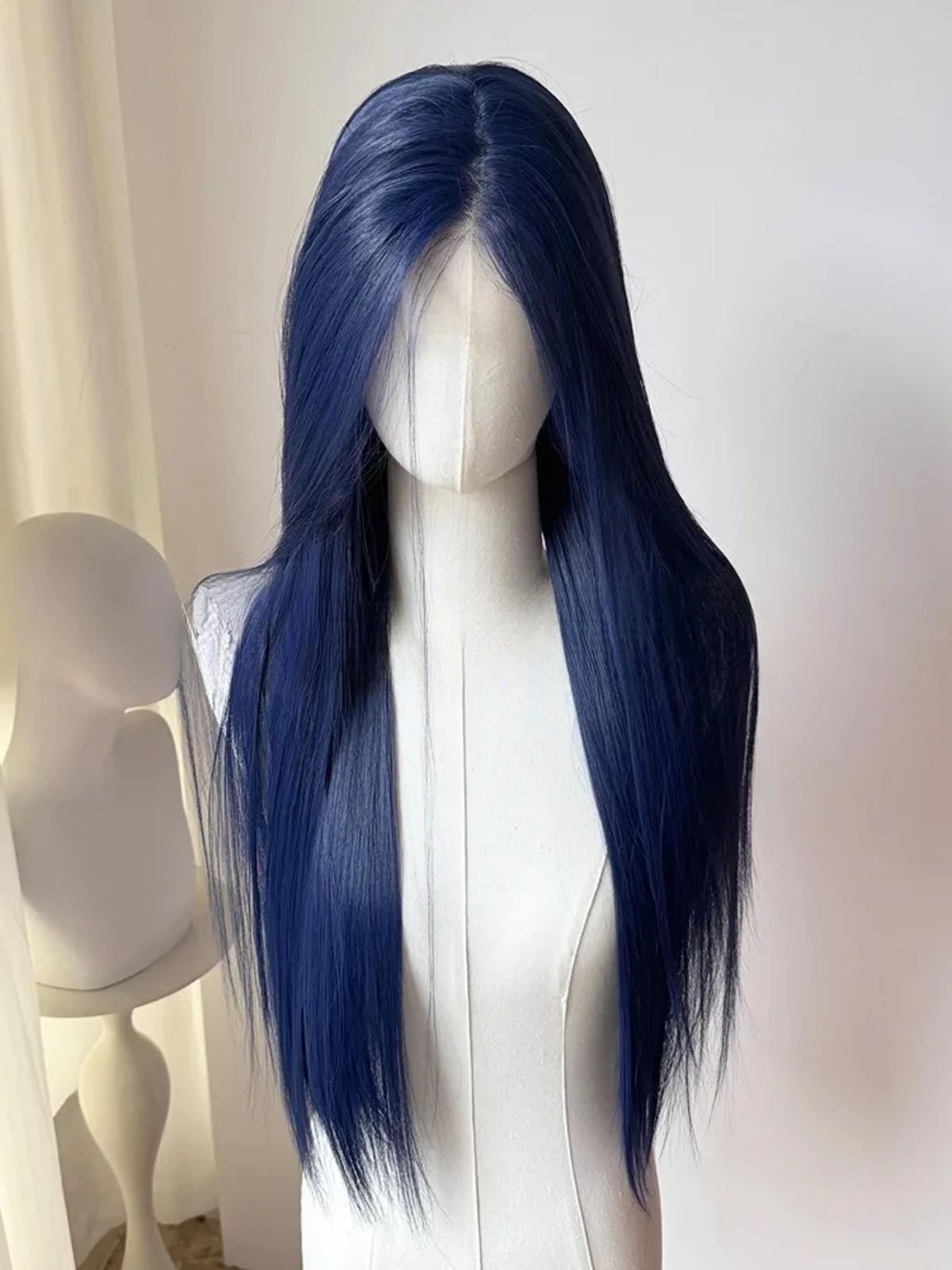 28-Inch Deep Blue Straight Wig for Women, Soft Lace Front, 180% Density, Pre-Plucked, No Glue, Heat Resistant, Daily Use