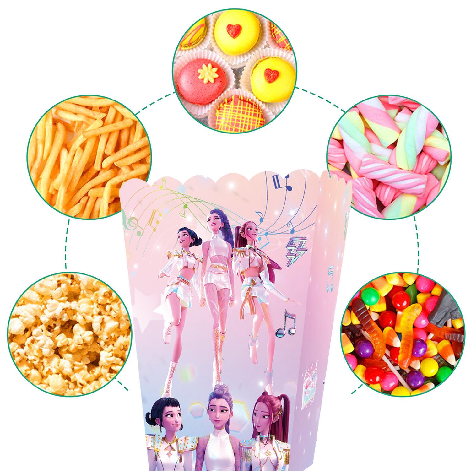 Korean cartoon girl group birthday party gift set of four, 12 bracelets, 12 keychains, 12 popcorn boxes, 12 decorative glasses – the best choice for a birthday party
