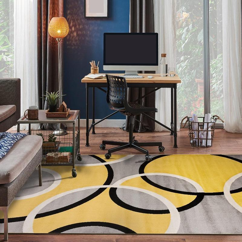 Modern Abstract Interlocking CircleGeometric Flannel Area Rug Yellow Grey Black WhiteContemporary Print Soft Mat for Living Room, Non-Slip MinimalistHomeDecor#AbstractInterlockingCircleRug #GeometricContemporaryMat #MinimalistHomeDecor  #NonSlipFlannelRug
