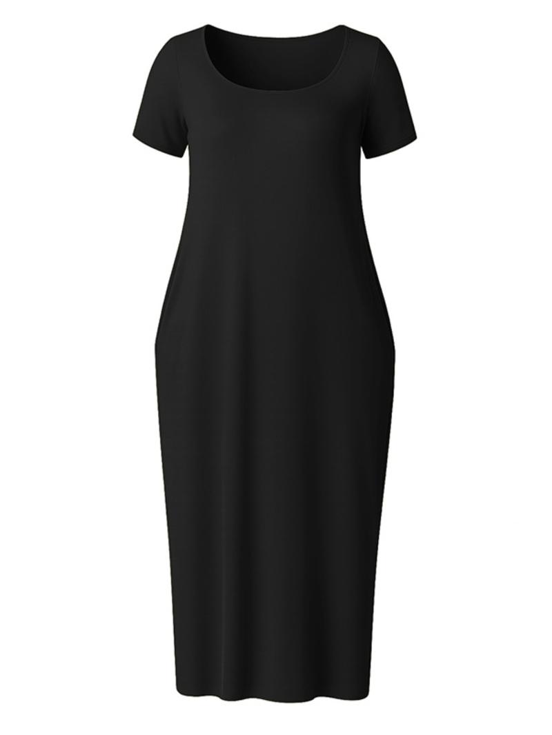 Plus Size Women's Solid Color Dress, Sexy Round Neck Short-Sleeved Long Dress, European and American Summer New Arrival, Casual Style