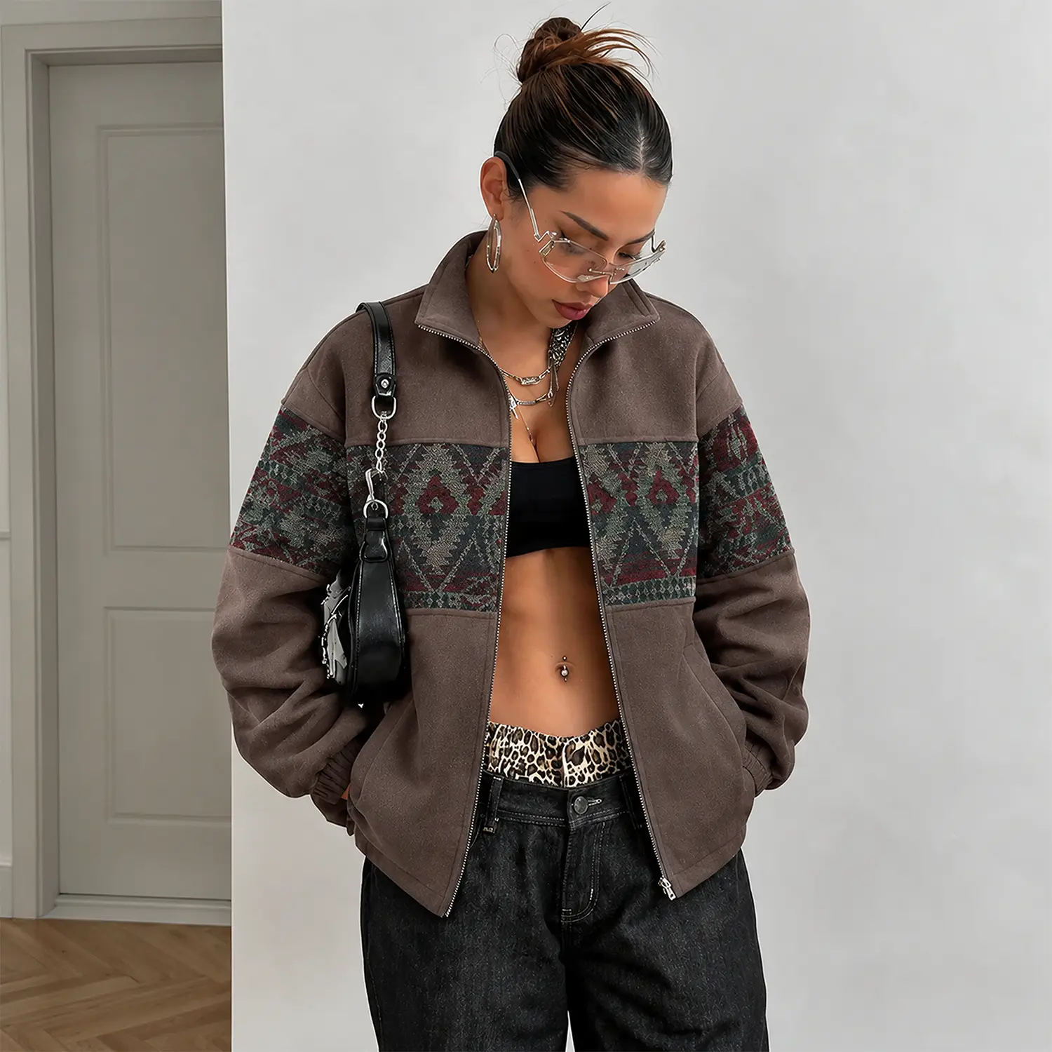 Women's Vintage Western Pattern Fleece Jacket - Brown, Stand Collar, Full Zip, Tribal Navajo Print Panel, Oversized, Warm, Retro 90s, Casual, Fit for Jeans & Leggings, Fall Winter Outdoor Daily Trendy Outerwear Coat
