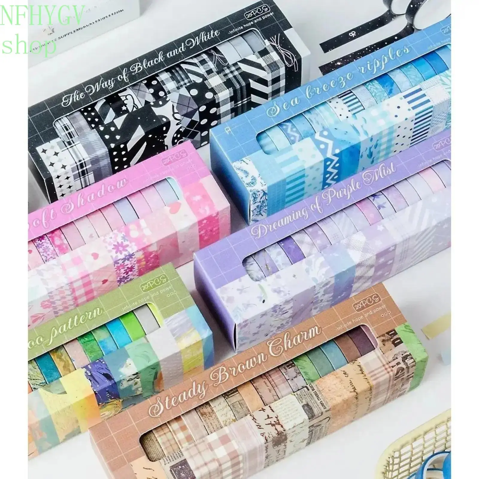 20 Roll Vintage Themed Washi Tape Box Set, Light Stripe Floral Grid Plaid Decorative Masking Tape, Multi‑Pattern DIY Craft Supplies For Journaling, Scrapbooking And Notebook Page Dividers