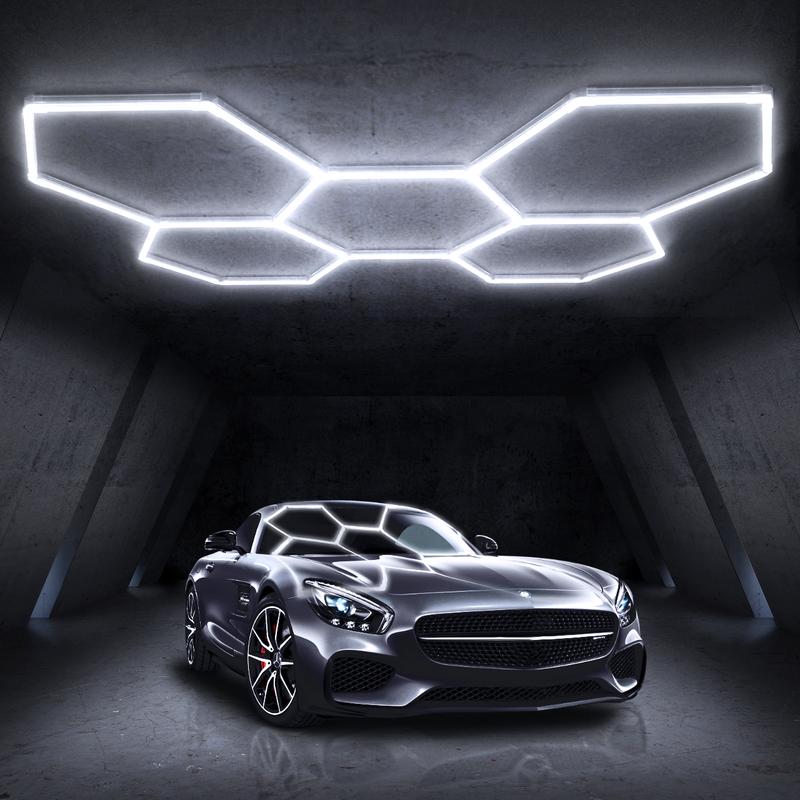 HYPERLITE offers Hexagon Garage Lights, a hexagon led lights Ceiling system designed for Grid Systems. These lights emit a Cool White light, ideal for Car Detailing Garages, Basements, Barbershops，Adjustable Lighting Options，Jumpstart newyear