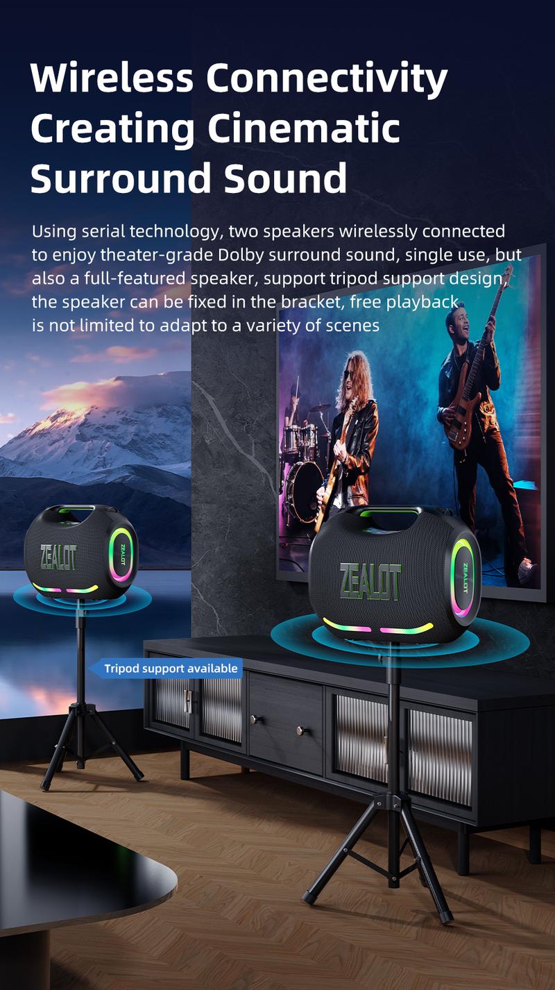 120W【ZEALOT】24000mAh/LIMITED/OFFERS Portable Speaker Bluetooth Speaker Party Speaker Waterproof IPX6 RGB Lights Power Bank TWS supports TWS pairing/USB/TF/AUX/BT smartphones. Ideal choice for family/car/Pool Party/BBQ/camping/gift giving