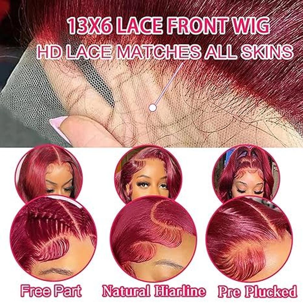 13x6 99J Body Wave Wig Burgundy Lace Front Wigs Human Hair 200% Density 32 Inch Hd Transparent Body Wave Frontal Wig Pre Plucked with Baby Hair Red Wine Wigs for Women