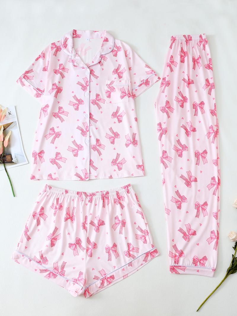 Three-piece Set Women's Bowknot & Heart Print Pajama Set, Cute Comfy Short Sleeve Tee & Elastic Waist Trousers & Shorts Pj Set, Ladies Sleepwear for All Seasons, Casual Sleepwear Set