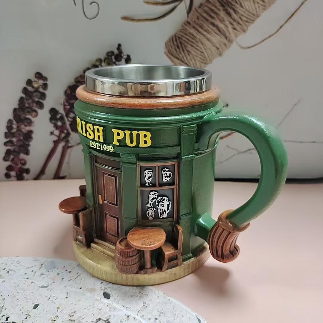 Irish Theme Tree Mug, Stainless Steel & Resin, Clover Pattern, Durable Tea Cup, Ideal for Irish Bar Decor, Moving Gift, St Patrick's Day Present