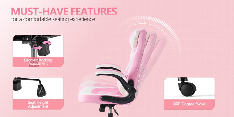 RIMIKING  Ergonomic Gaming Chair,Adjustable Lumbar Support,High-Back Design,Smooth Recline,Soft PU Armrests,Durable and Sturdy,360° Rolling Wheels