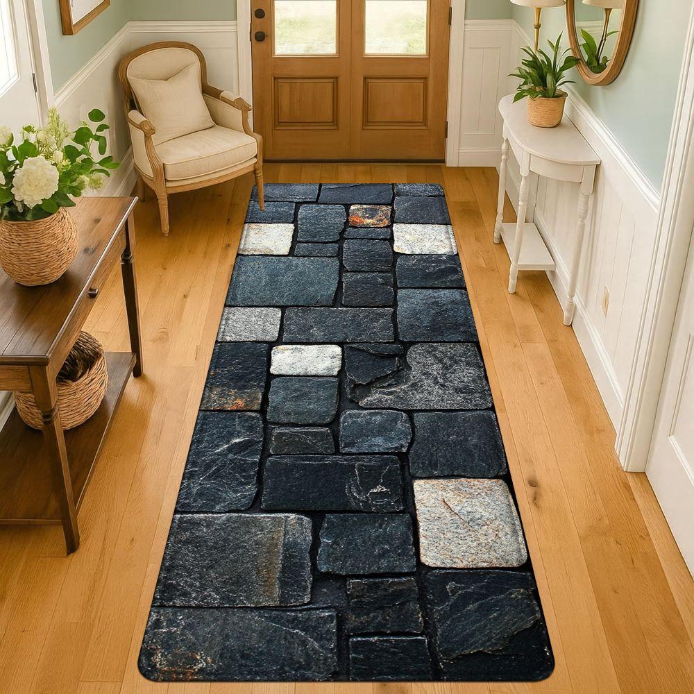 1PC， Black and White Stone Strip Splicing Patterned strip rugs, home décor, bathroom mats, entryway mats, bathroom non-slip mats, indoor entrance rugs, bedroom bedside mats, kitchen mats, hallway rugs, flannel sponge rugs, hallway runner rugs