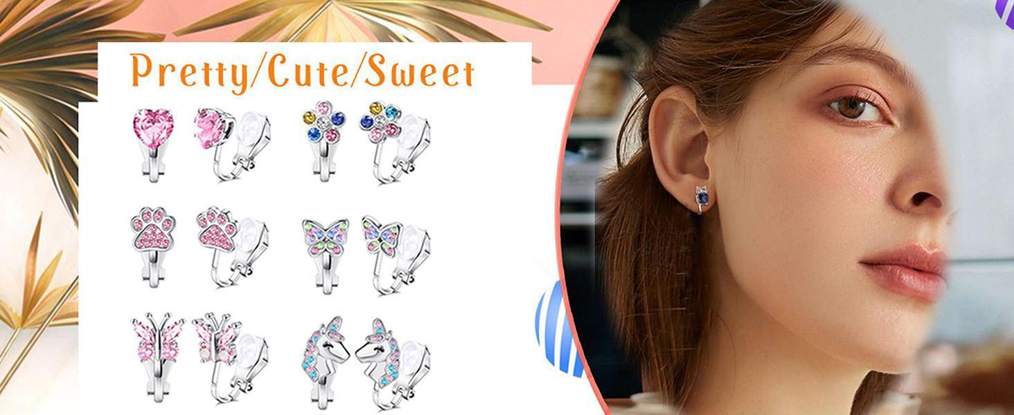 Fansilver Clip on Earrings for Women Flower Butterfly Turtle Star Heart CZ Clip Earrings Set Silver Non-Pierced Earrings Pack for Teens s 12 Pairs