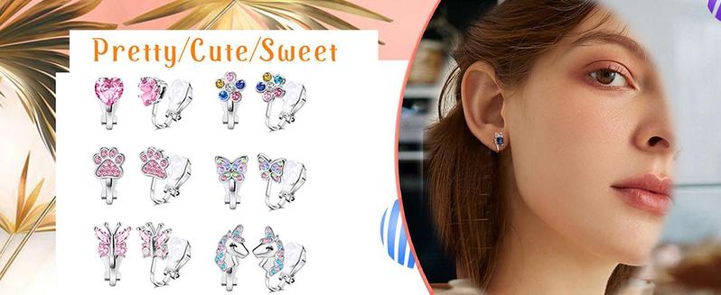 Fansilver Clip on Earrings for Women Flower Butterfly Turtle Star Heart CZ Clip Earrings Set Silver Non-Pierced Earrings Pack for Teens s 12 Pairs