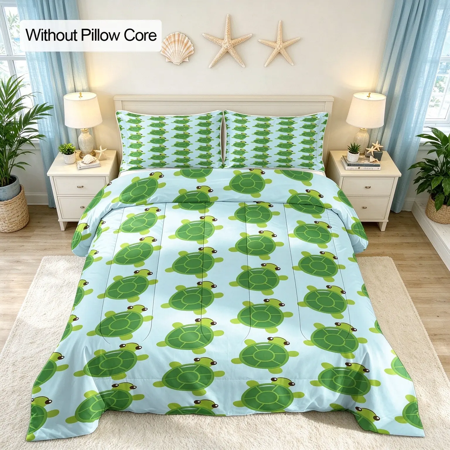 3-Piece Light Green Cartoon Turtle Print Bedding Set, 1 Comforter & 2 Pillowcases (Pillow Core Not Included), Cute Animal Pattern Bed Linens, Soft Cozy Home Bedding, Decor & Gift for Housewarming, Holiday and Birthday