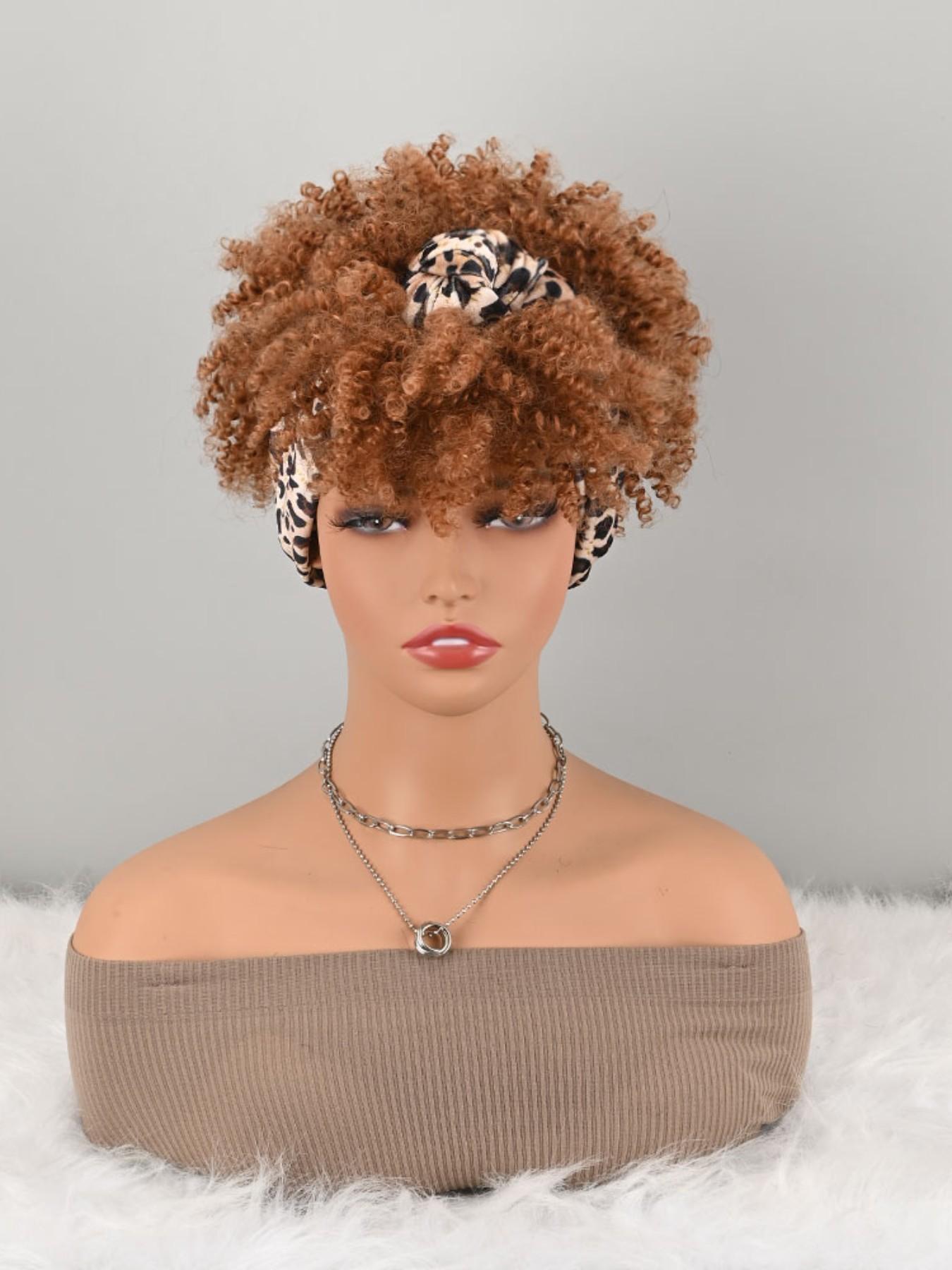 Light Brown Afro Kinky Curly Synthetic Headband Style Wig Leopard Print Knotted Turban Wig High Temperature Fiber Hair Wig For Women Daily Casual Wear