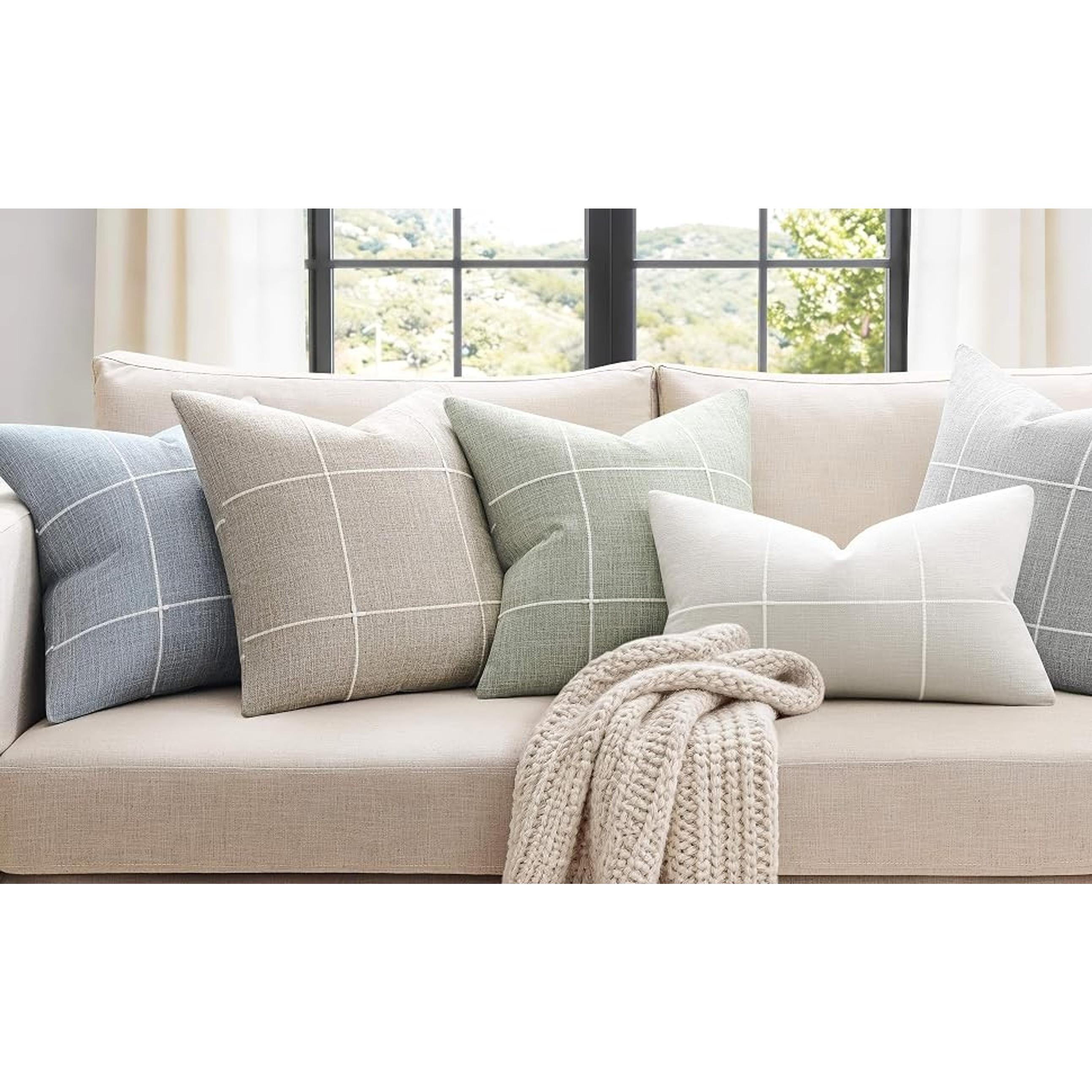2-Pack Sage Green Grid Embroidery Throw Pillow Covers 18x18 Inch – Farmhouse Linen Checked Decorative Accent Cushion Covers, Home Decor for Sofa Bed Living RoomGift