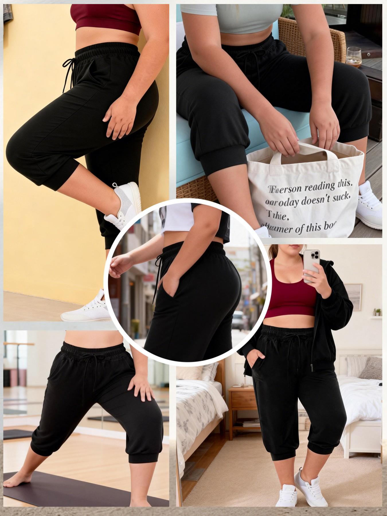 Women's Plus Size Capri Sport Pants with Pockets, High Elasticity, Adjustable Drawstring, Soft Casual Fit, Comfortable and Stylish