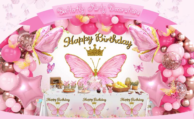 Butterfly Birthday Balloon Arch Kit, 95pcs Purple Pink Butterfly Birthday Party Decoration DIY Set, Lavender Balloons Foil Balloons, Happy Birthday Backdrop Tablecloth, Girl's Birthday Party Balloon Garland, Party Supplies, Father's Day Gift