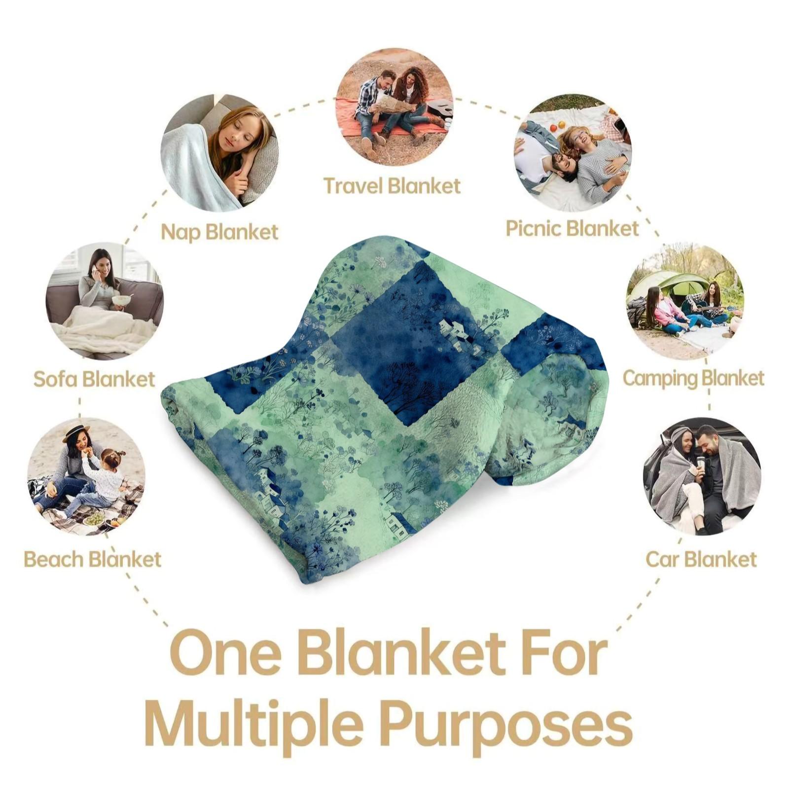 1 Piece Watercolor Landscape Checkered Blanket, HD Digital Single-Sided Printed Flannel Throw Blanket, Ultra Soft Cozy Blanket for Sofa, Bed and Travel, Aesthetic Decorative Gift Blanket