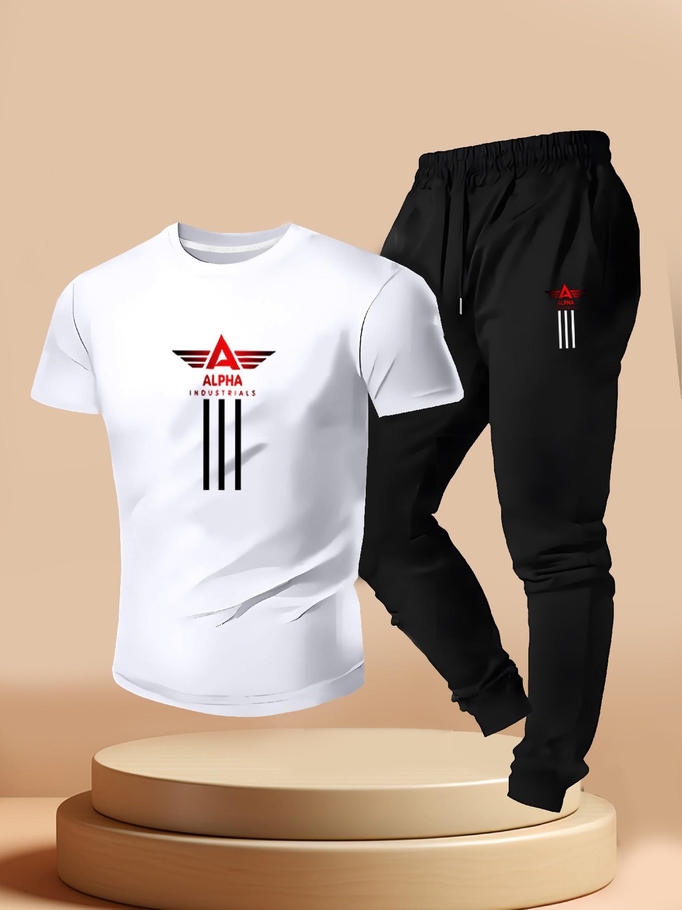 Men's Street Style Alpha Industrial Set, Short Sleeve Tee + Waistband Sports Pants, Summer Military Fashion Two-Piece