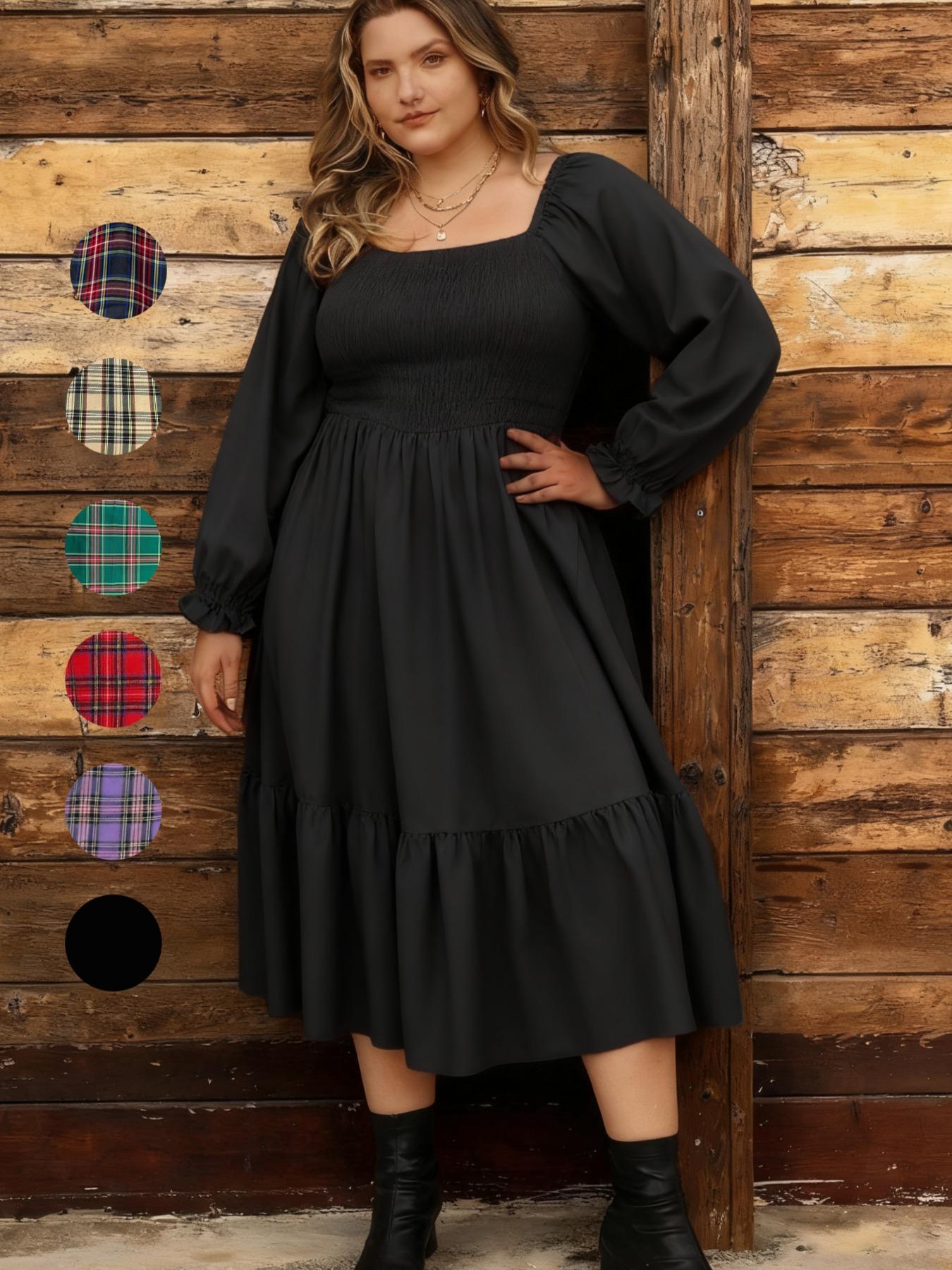 Christmas Plus Size Plaid Long Sleeve Dress for Women, Casual Loose-Fitting A-Line Dress, Fall & Winter Fashion, Comfortable Daily Wear, Boho Fashion Dress
