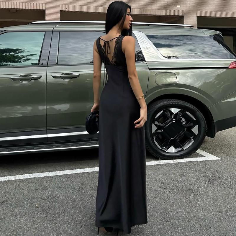 Women's Satin Lace Trim V Neck Solid Bodycon Tank Dress, Sexy Backless Lace-up Plain Slim Fit A-line Black Maxi Dress, Party Club Date Evening Gown Holiday Beach Vacation Daily Elegant Casual Tie-back Long Dresses For Ladies Summer Fashion Clothes Wear