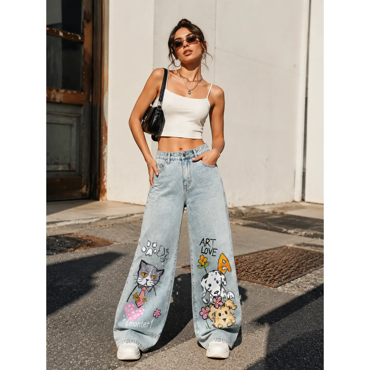 Women’s Y2K Graphic Wide Leg Jeans Cute Animal Cartoon Print High Waisted Light Blue Baggy Denim Pants Streetwear