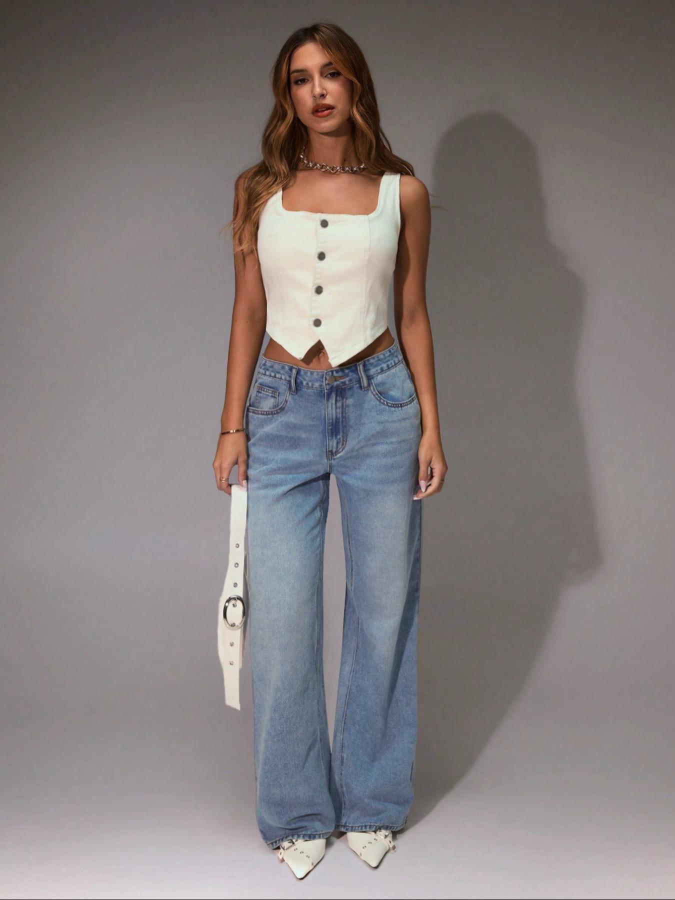 Women's Elastic Stretchy Comfortable Wide Leg Jeans, Trendy Versatile Casual Fashion Denim Jeans, Fitted Plain Style for All Seasons