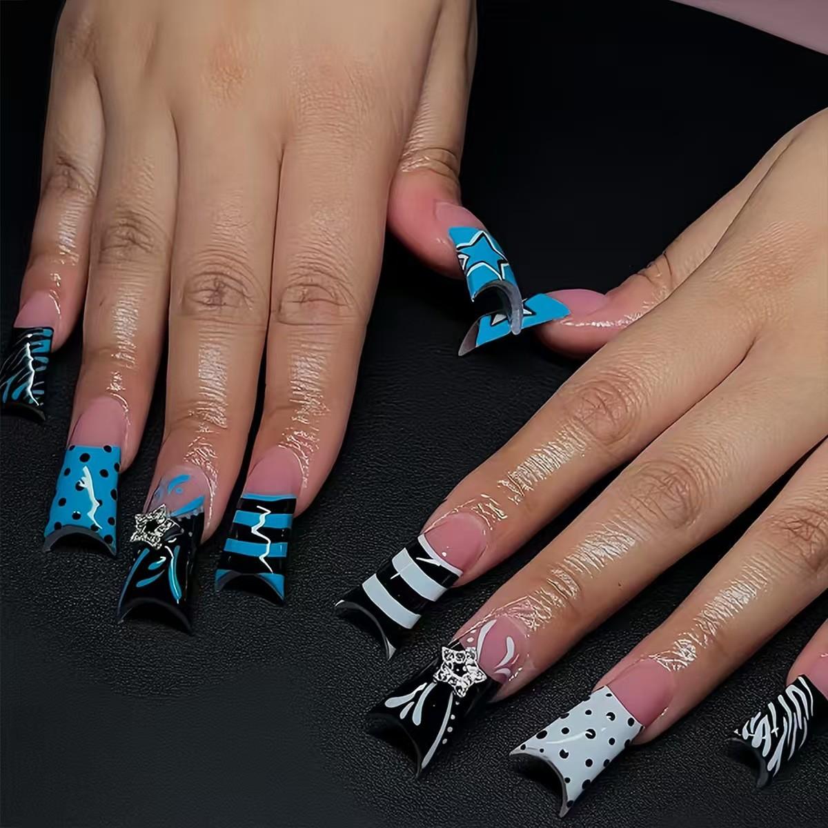 24pcs Duckbill Nail Art Stickers, Spring Summer Fall Colorblock 3D Metal Star Stripe Design, High-Quality Wearable Nails