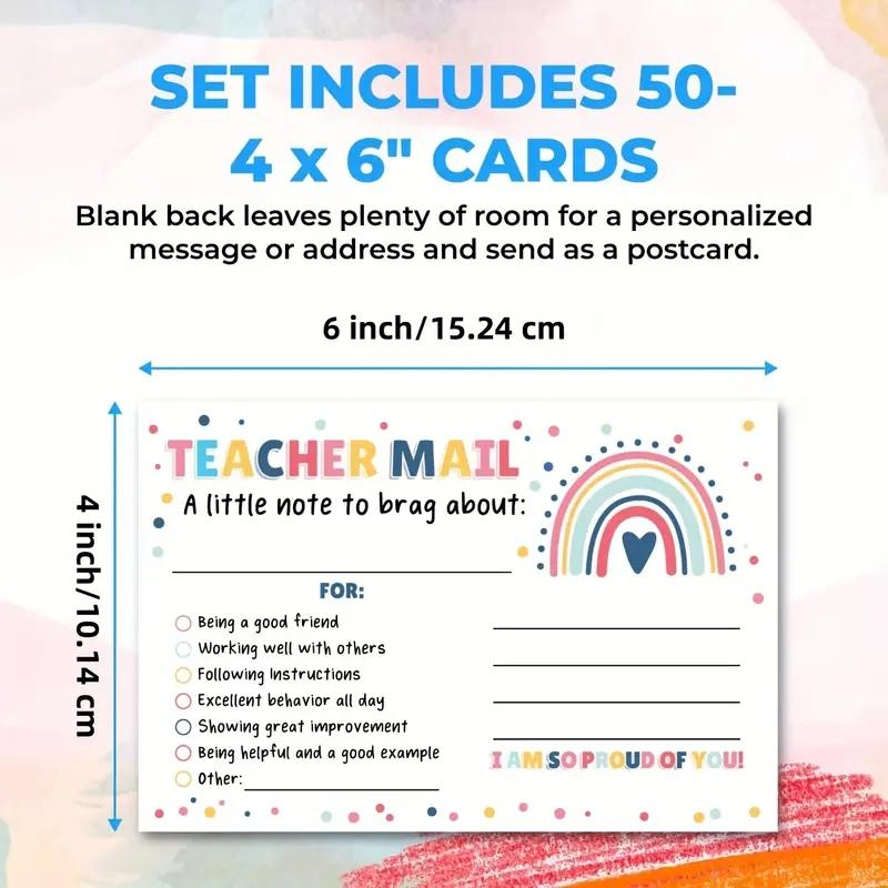 Rainbow Pattern Teacher Mail Card, 50pcs/pack Teacher Encouragement Card, Positive Behavior Encouragement Note for Students, School Classroom Reward Card