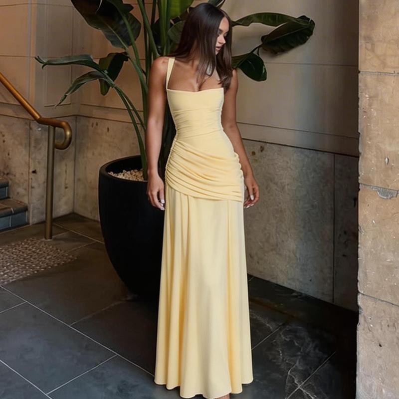 Women's Solid Color TIe-back Sleeveless Bodycon Slip Dress, Plain Criss Cross Straps Back Lace-up Ruched Slim Fit Maxi Dress, Party Club Date Evening Formal Gown Holiday Daily Casual Elegant Long Dresses For Ladies All Seasons Summer Fashion Clothes Wear