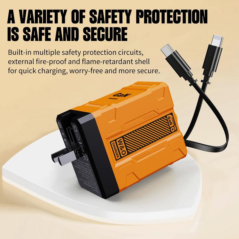 W&O GaN Charger(Type C/Lightning), Compatible with 120W Fast Charger, Retractable Wall Charger, Foldable Plug for iPhone, Fast Charging Power Adapter for Smartphone, Travel Universal Plug Fast Charging, Holiday Gift Tech