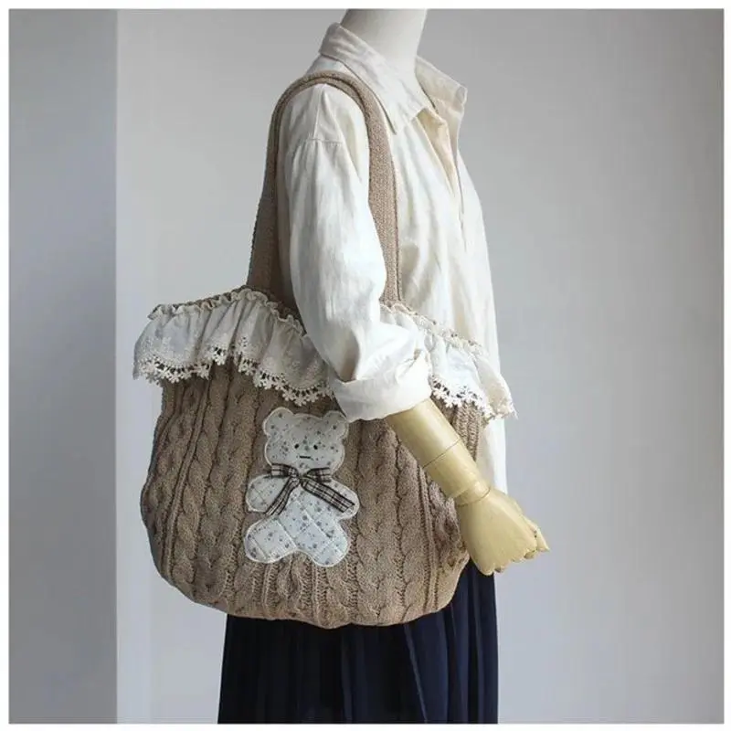 JIAERDI Japanese Knit Handbag Women Harajuku Cartoon Bear Large Capacity Shoulder Bag Ladies Transparent Bow Ruffle Underarm Bag