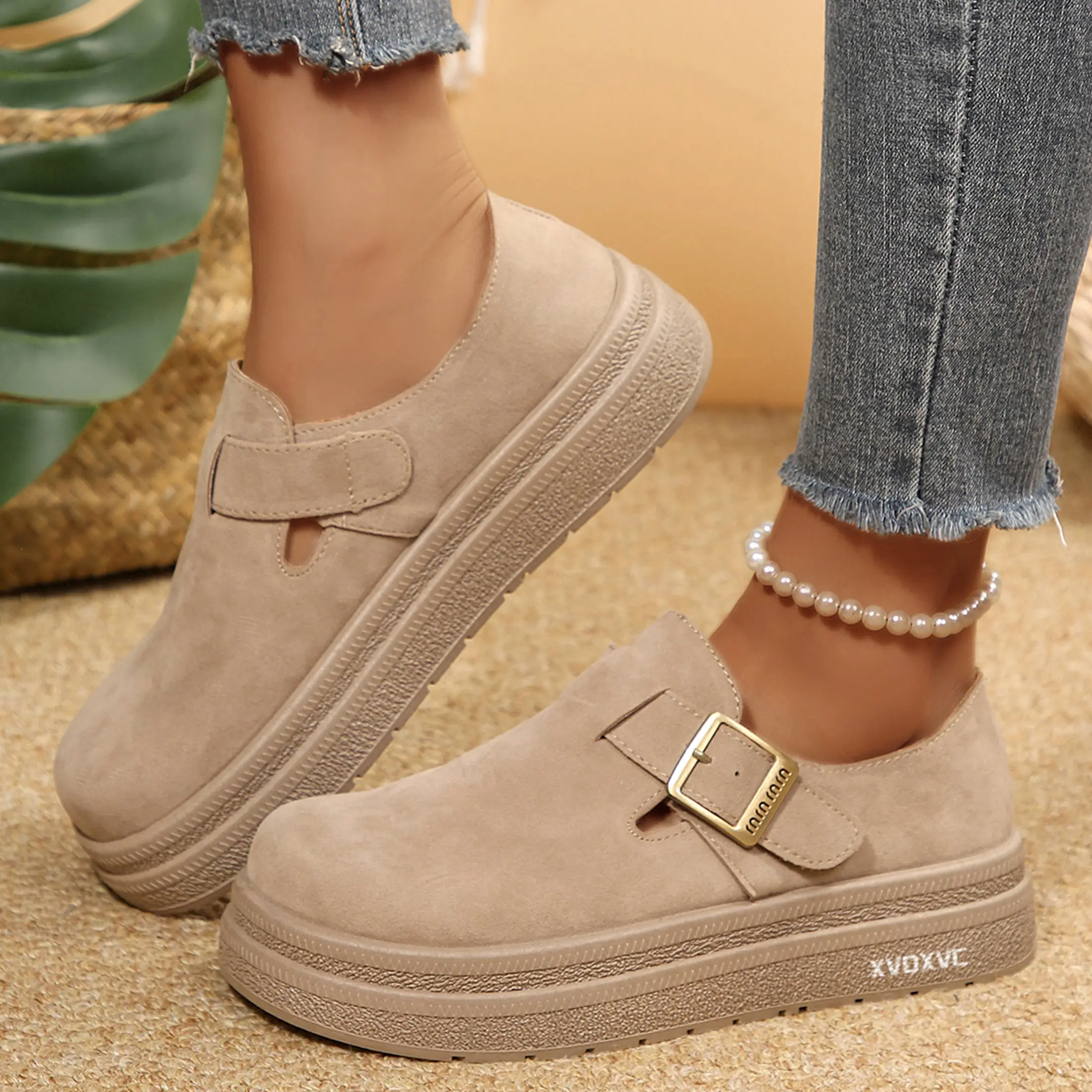 Women's Loafers Suede Clogs with Adjustable Buckle Potato Shoes Elevated Casual Style