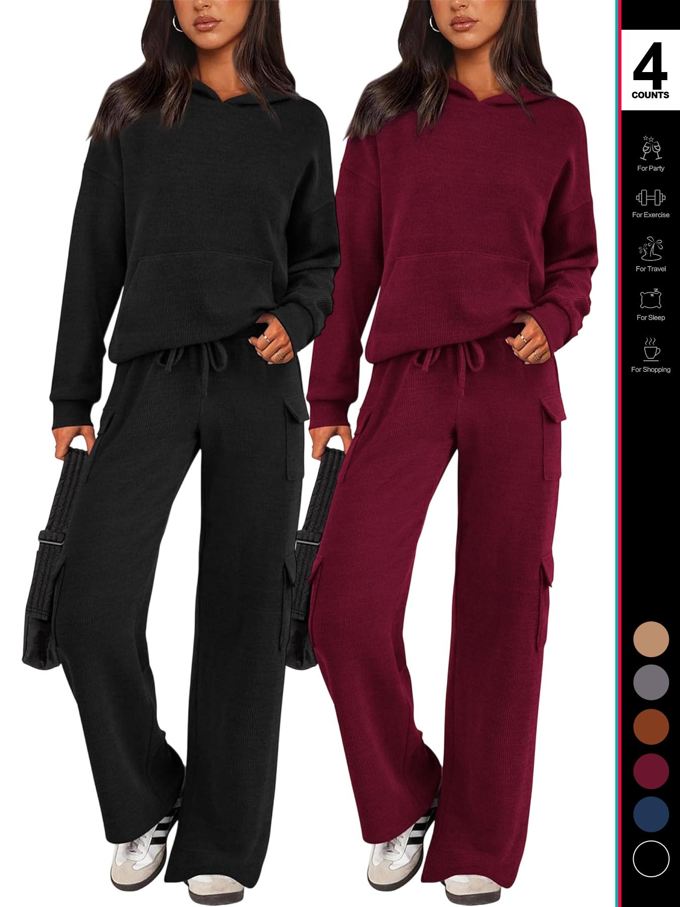 2026 Womens Fall Outfit 2-Piece Knitted SetsHoodie Tracksuits Wide Leg Pants With Pocket AndDrawString Long Sleeve Hooded Kangoroo Pocket TopsKnitwear Sporty Casual Loungwear, Womenswear Travel Outfit