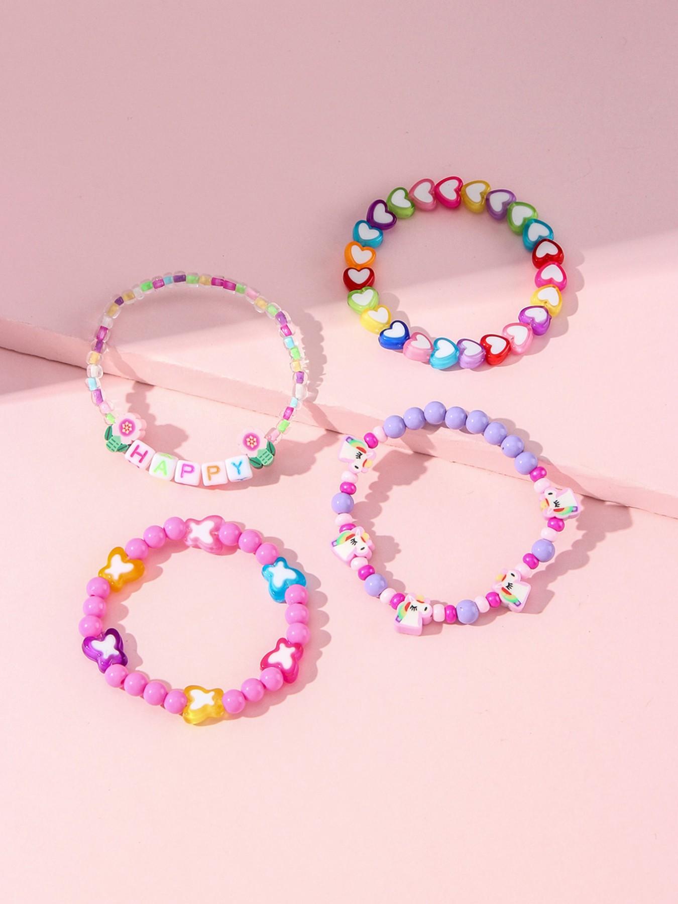 4pcs/set Multicolor Acrylic Beaded Bracelets, Heart Butterfly Letter Glass Beads, Party Gift for Girls, All Seasons Fashion Accessory